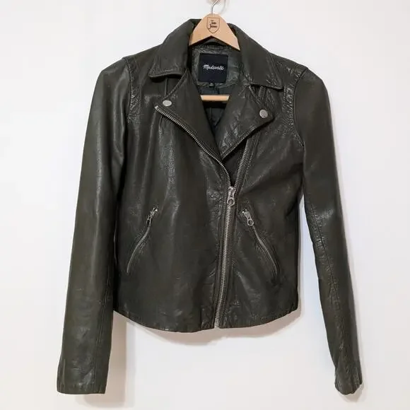 Madewell Washed Leather Motorcycle Jacket Dark Green Size XS Preowned - Picture 4 of 10